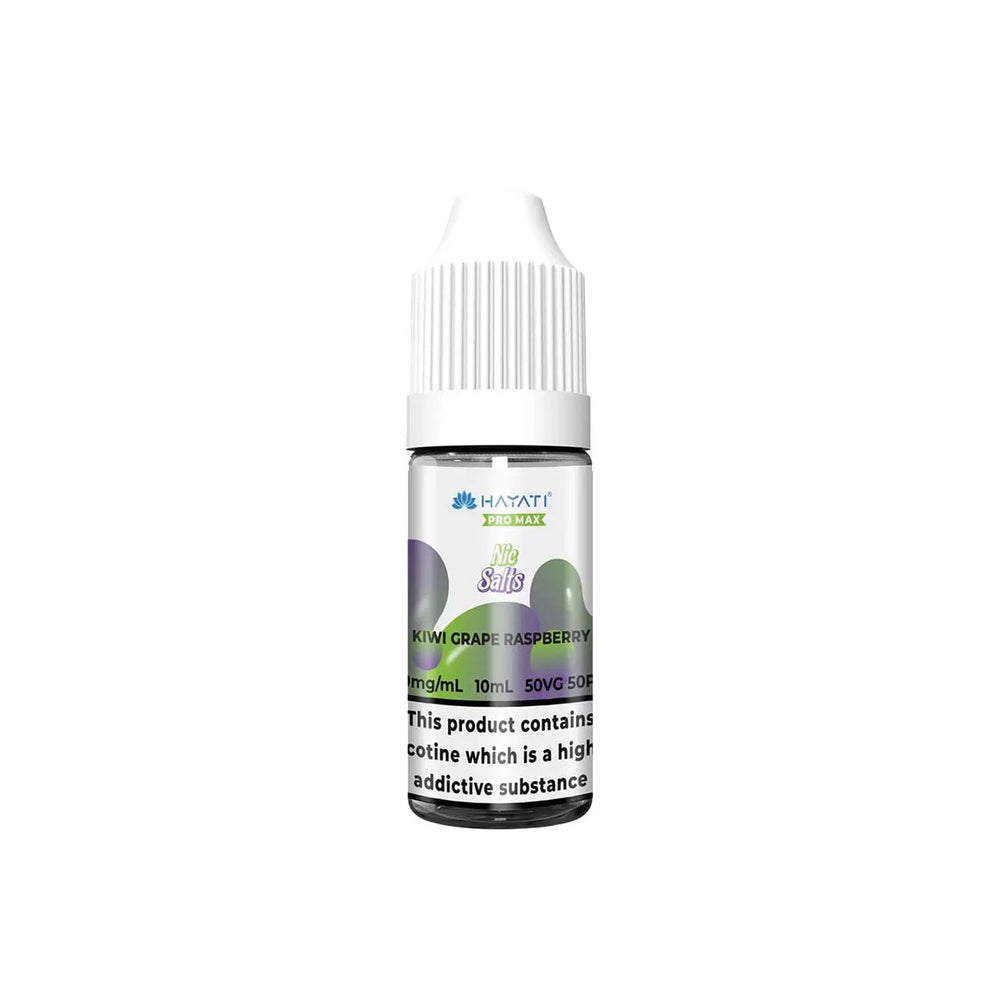 
                  
                    Hayati Pro Max vape juice bottle with kiwi grape raspberry flavour on a white background
                  
                
