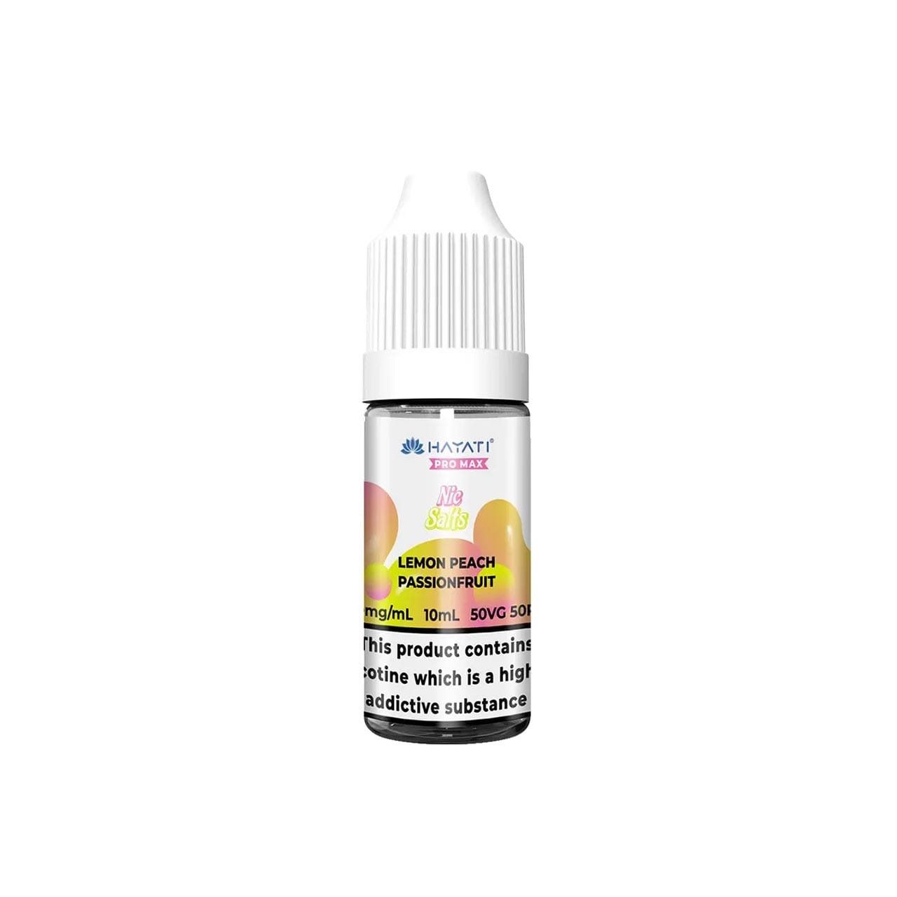 
                  
                    Hayati Pro Max vape juice bottle with lemon peach passionfruit flavour on a white background
                  
                