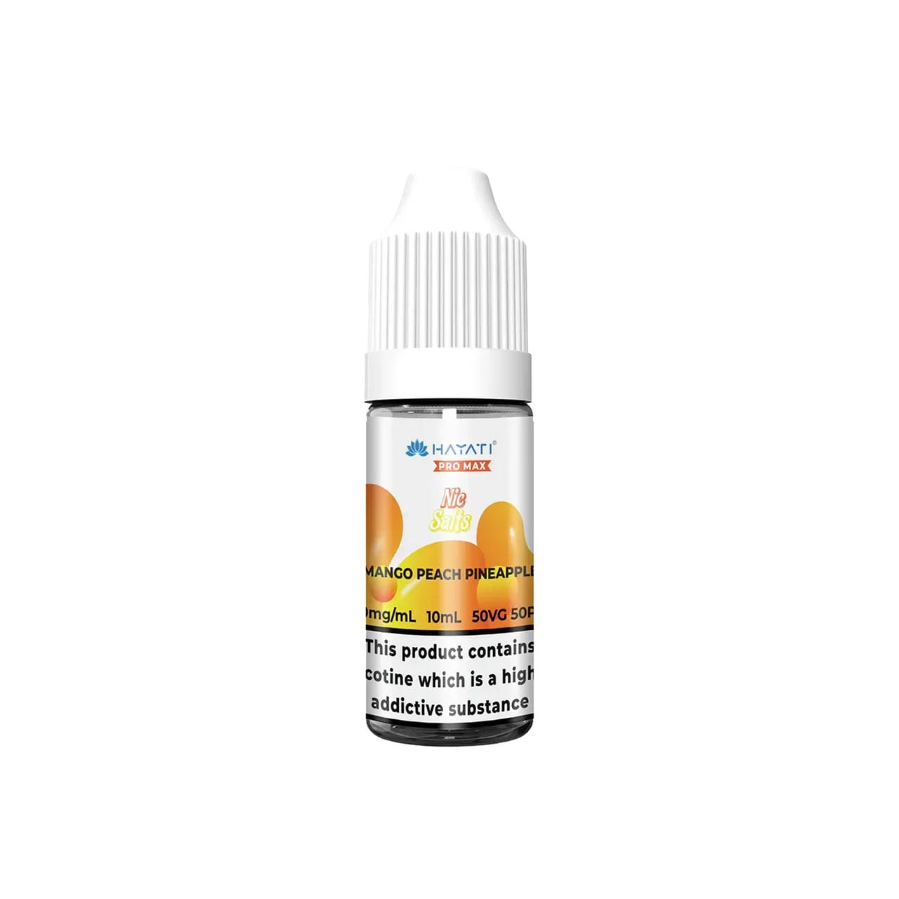 
                  
                    Hayati Pro Max vape juice bottle with mango peach pineapple flavour on a white background
                  
                