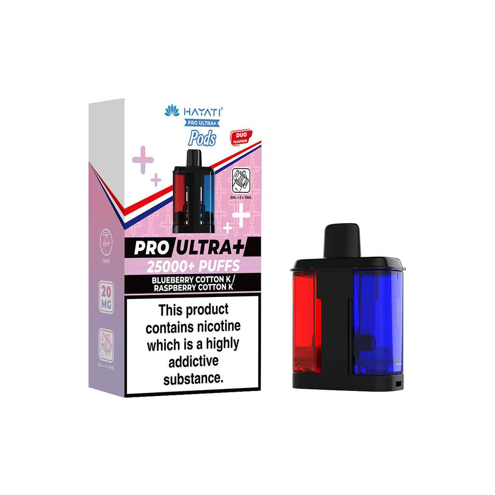 
                  
                    Hayati Pro Ultra Plus Refill Pack and Packaging Blueberry Cotton K/Raspberry Cotton K White Background
                  
                