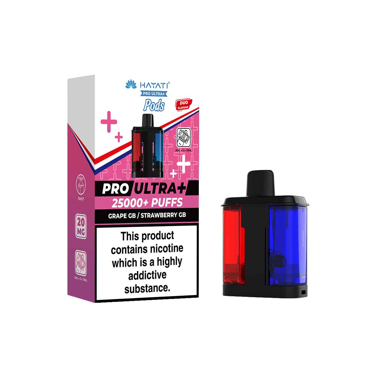 
                  
                    Hayati Pro Ultra Plus Refill Pack and Packaging Grape GB/Strawberry GB White Background
                  
                