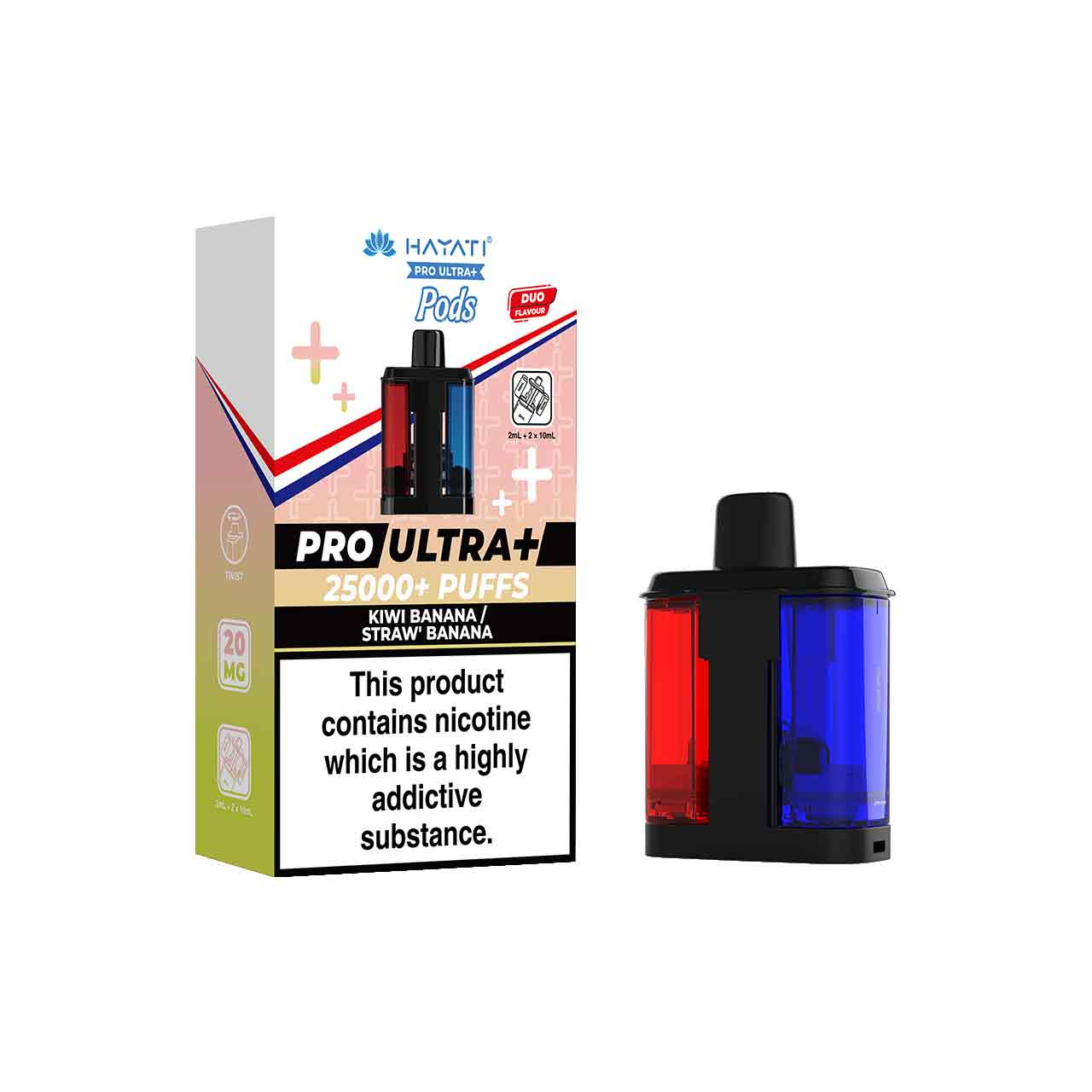 
                  
                    Hayati Pro Ultra Plus Refill Pack and Packaging Kiwi Banana/Strawberry Banana White Background
                  
                