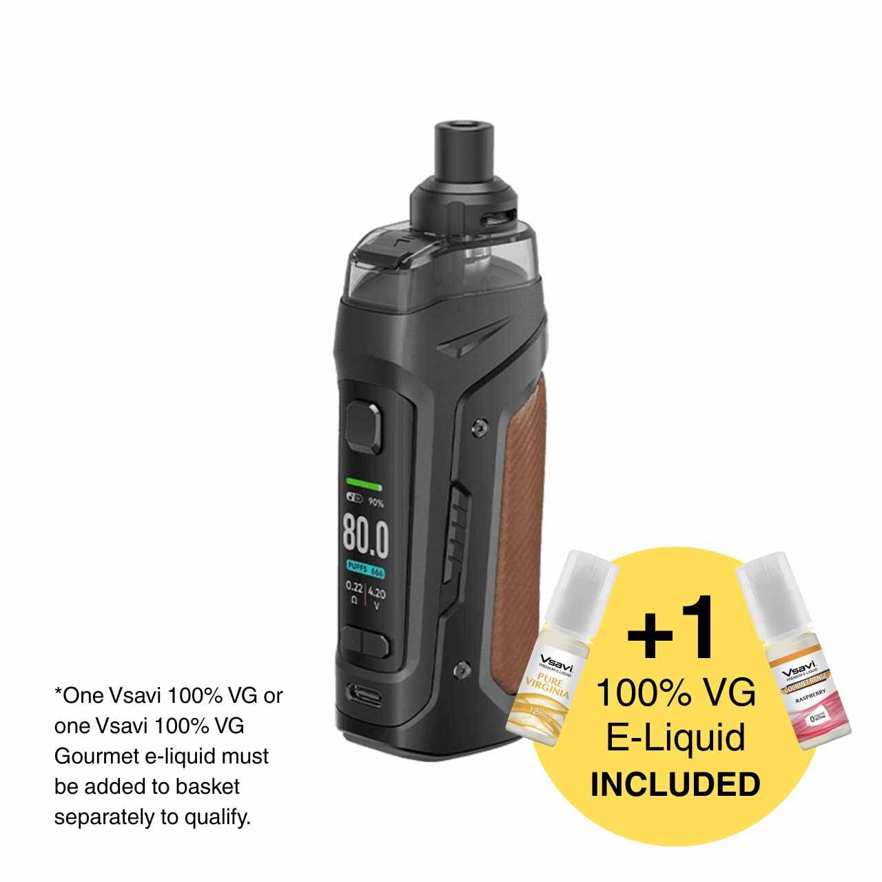 Vaping device with e-liquid bottles on a white background