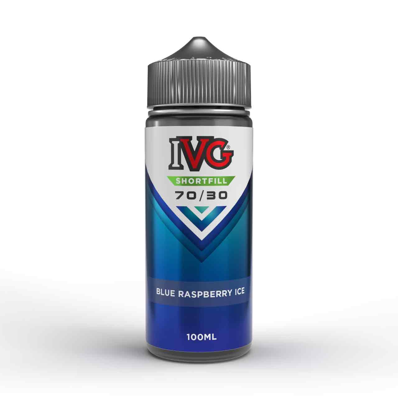 IVG Blue Raspberry Ice shortfill e-liquid bottle on a white background