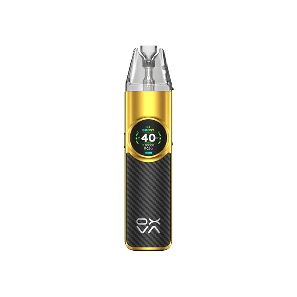 Yellow and black Oxva Nexlim vape device with digital display on a white background