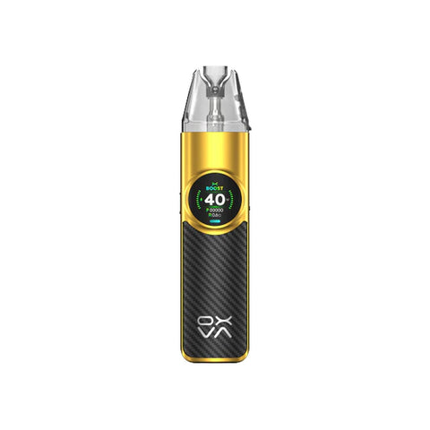 Yellow and black Oxva Nexlim vape device with digital display on a white background