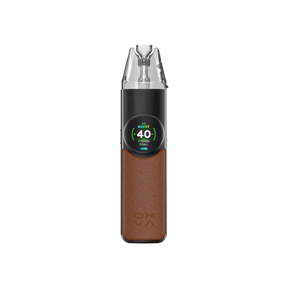 
                  
                    Brown Oxva Nexlim vape device with digital display on a white background
                  
                