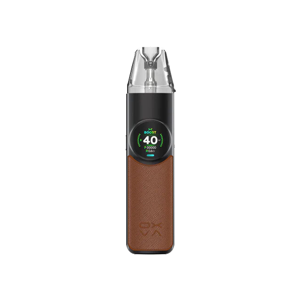 
                  
                    Brown Oxva Nexlim vape device with digital display on a white background
                  
                