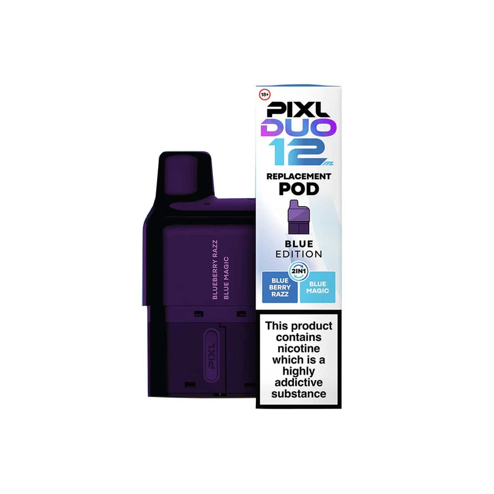 Purple Pixl Duo 12 blue edition replacement pod with packaging on a white background