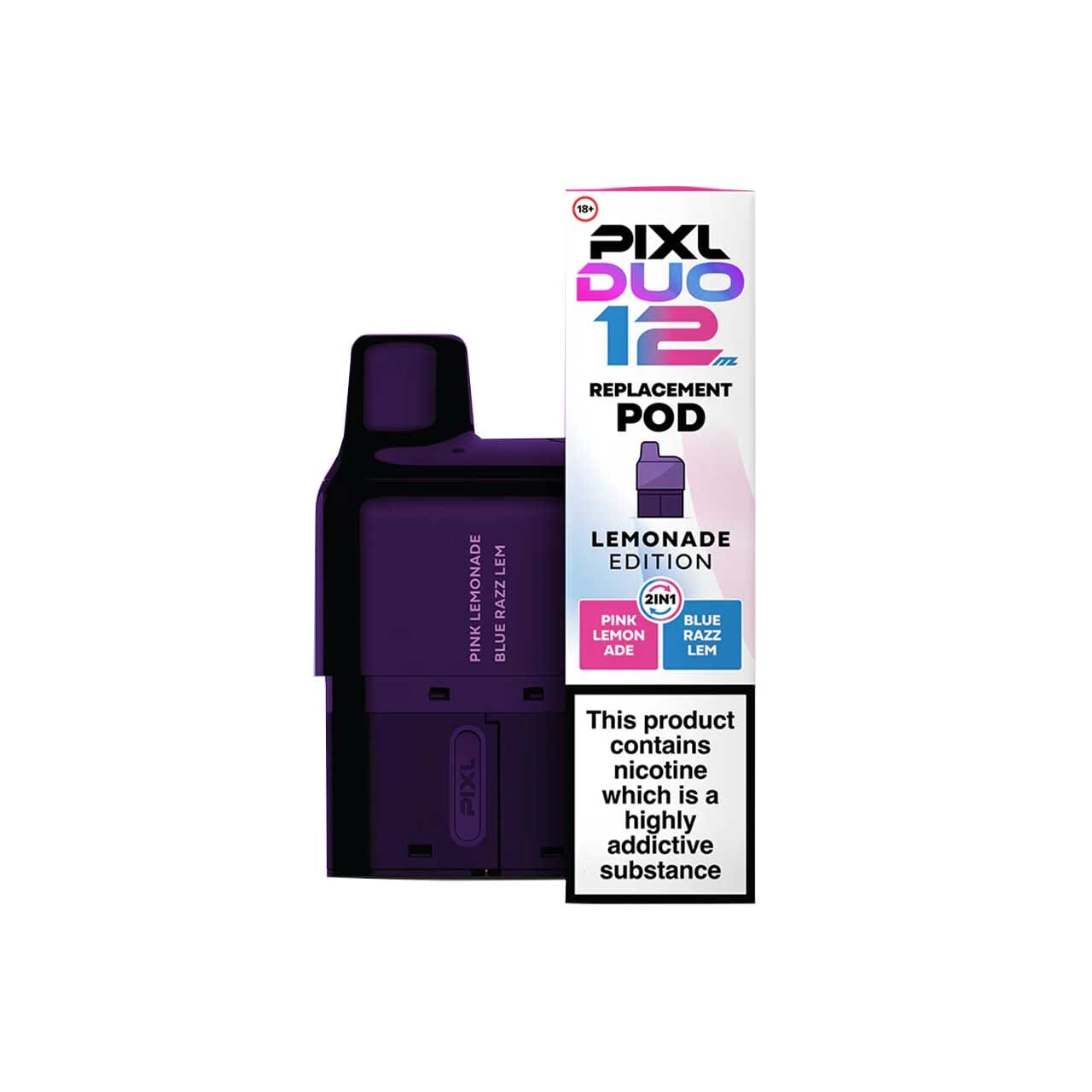 
                  
                    Purple Pixl Duo 12 lemonade edition replacement pod with packaging on a white background
                  
                