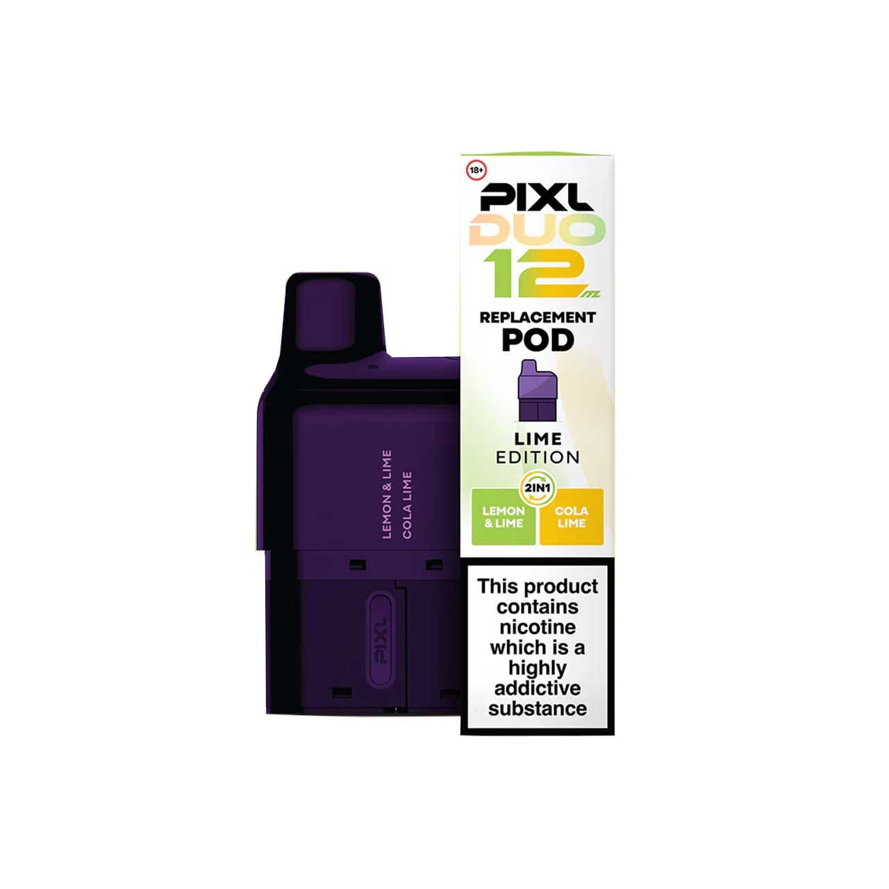 
                  
                    Purple Pixl Duo 12 lime edition replacement pod with packaging on a white background
                  
                