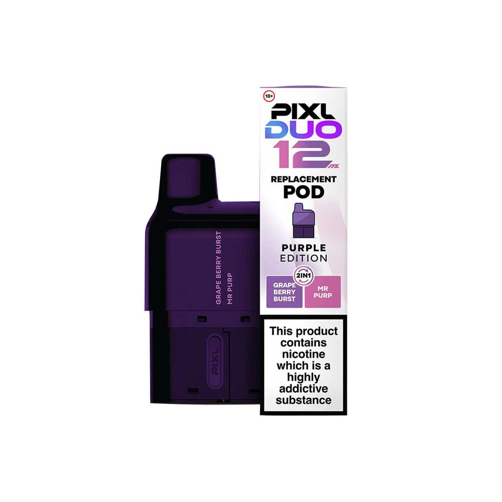
                  
                    Purple Pixl Duo 12 purple edition replacement pod with packaging on a white background
                  
                
