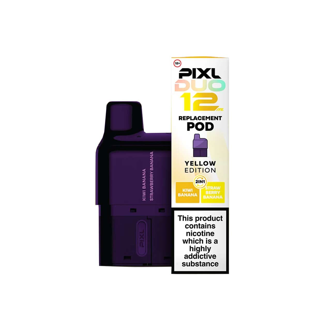 
                  
                    Purple Pixl Duo 12 yellow edition replacement pod with packaging on a white background
                  
                