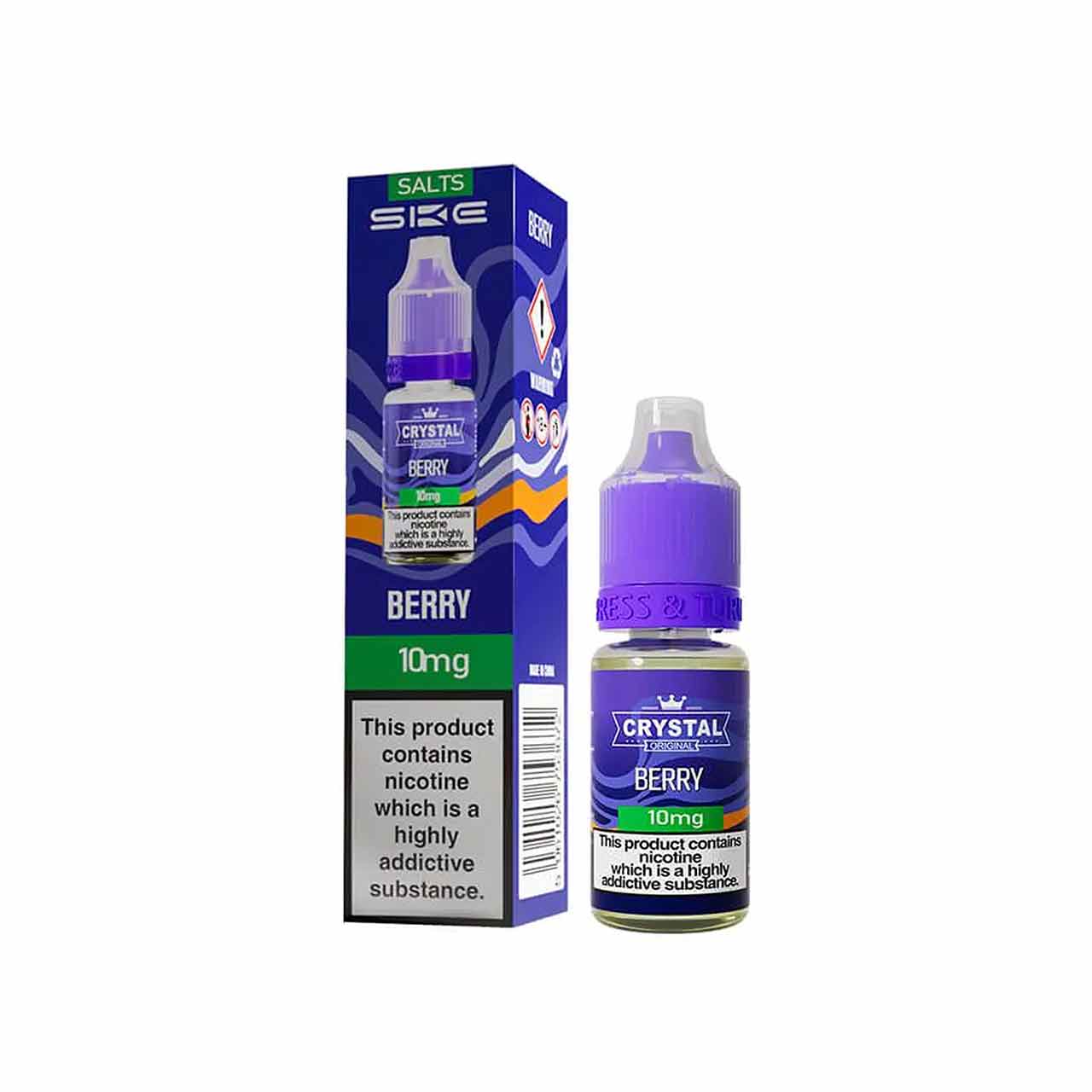 Ske Crystal Salts Berry vape juice bottle and packaging on a white background