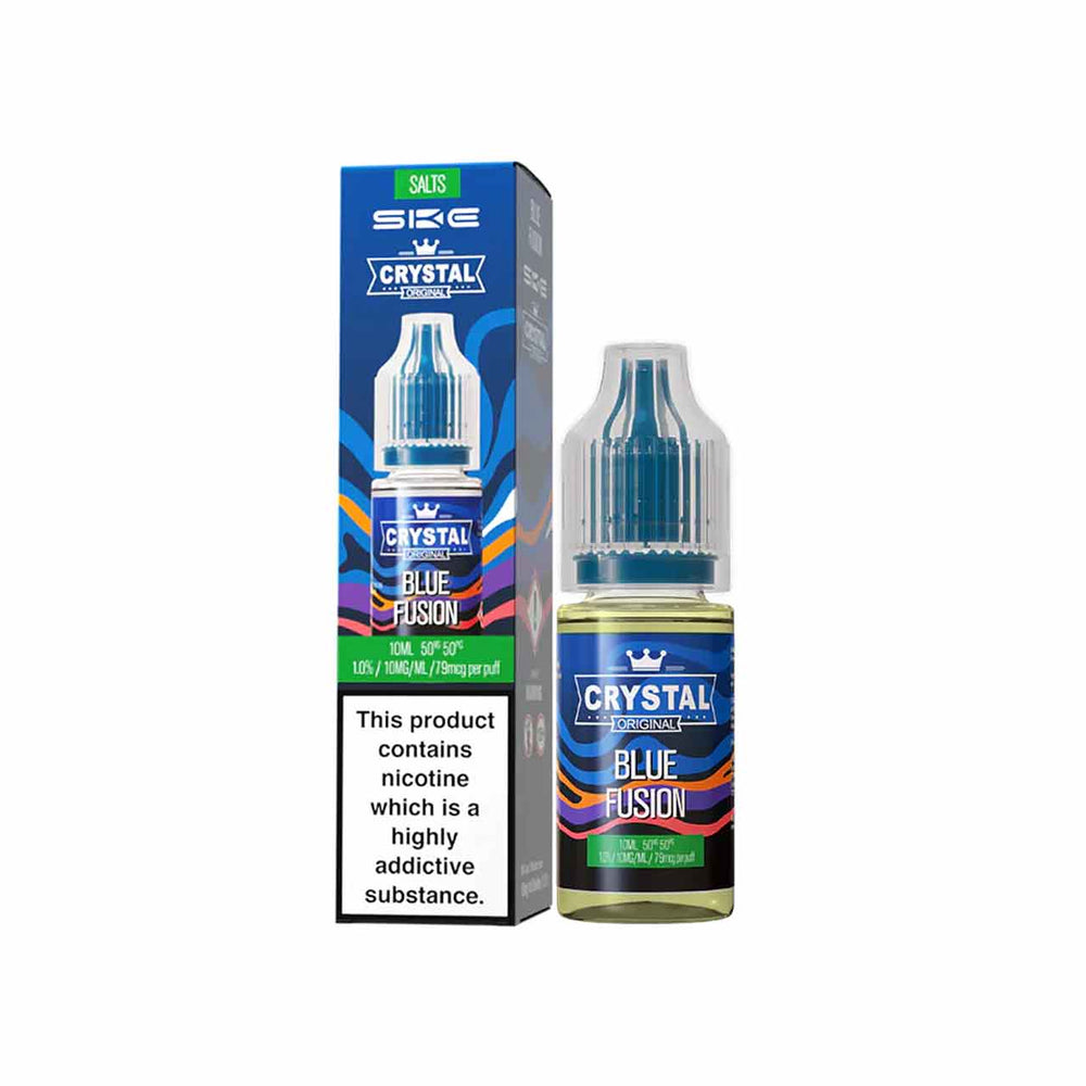 
                  
                    Ske Crystal Salts Blue Fusion vape juice bottle and packaging on a white background
                  
                