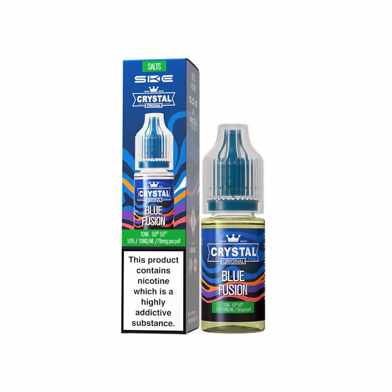 
                  
                    Ske Crystal Salts Blue Fusion vape juice bottle and packaging on a white background
                  
                