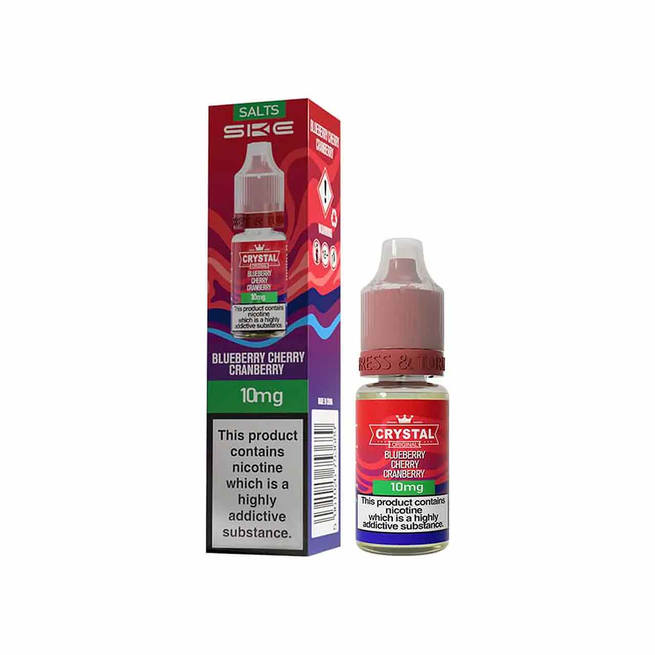 
                  
                    Ske Crystal Salts Blueberry Cherry Cranberry vape juice bottle and packaging on a white background
                  
                