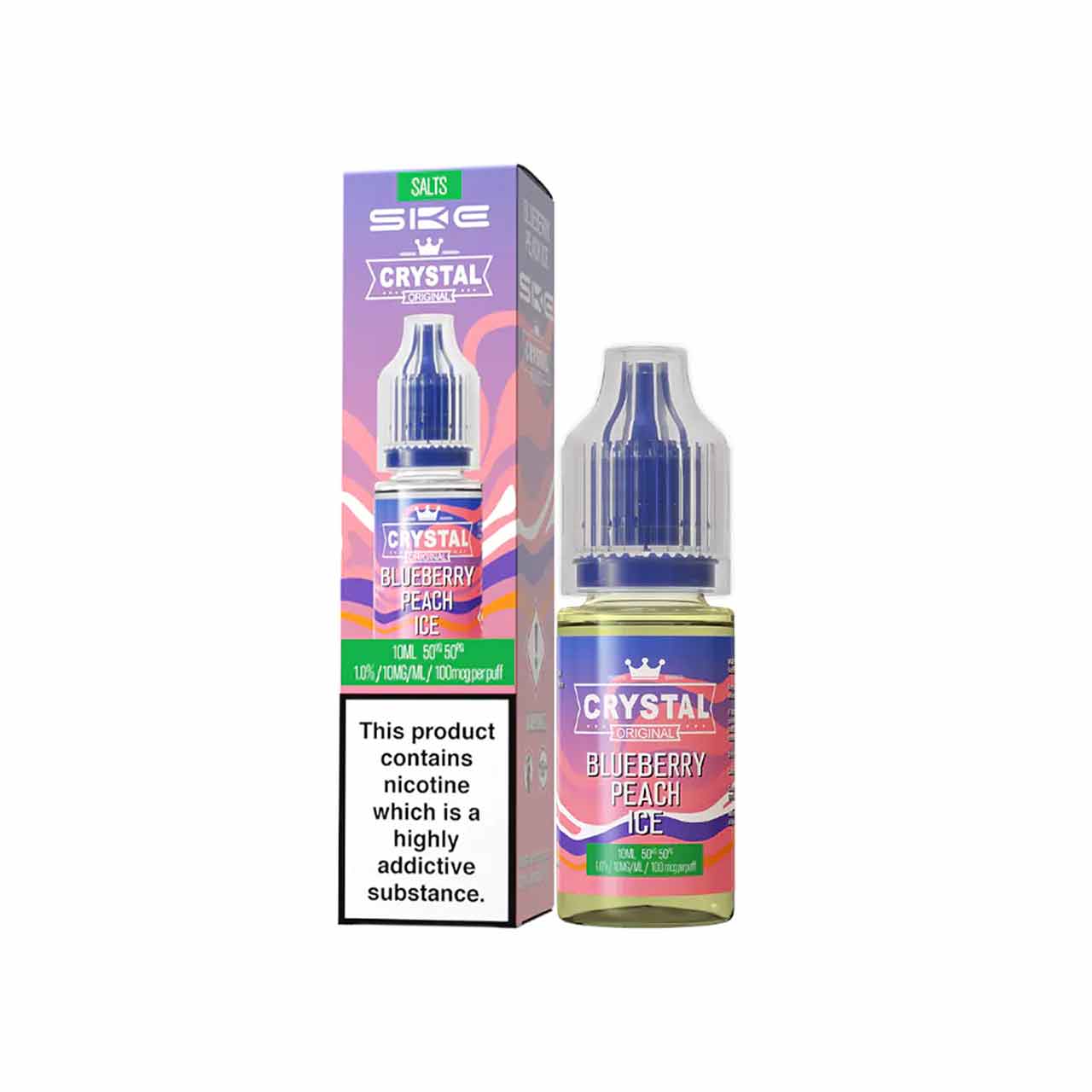 
                  
                    Ske Crystal Salts Blueberry Peach Ice vape juice bottle and packaging on a white background
                  
                
