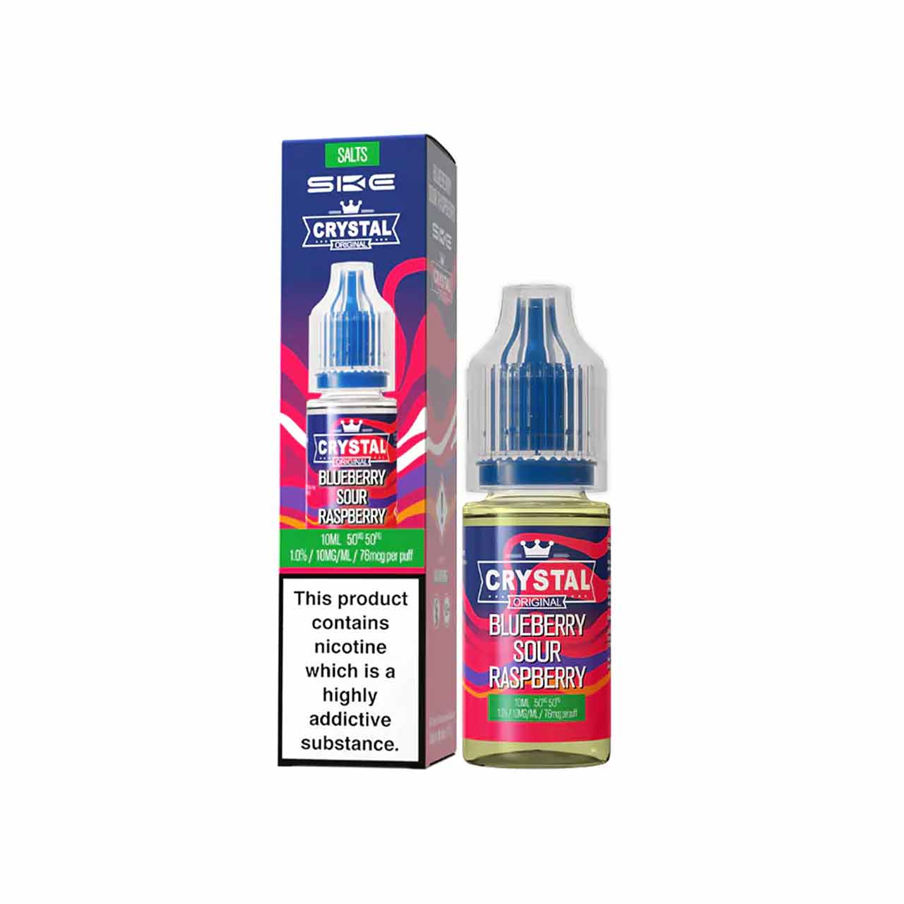
                  
                    Ske Crystal Salts Blueberry Sour Raspberry vape juice bottle and packaging on a white background
                  
                
