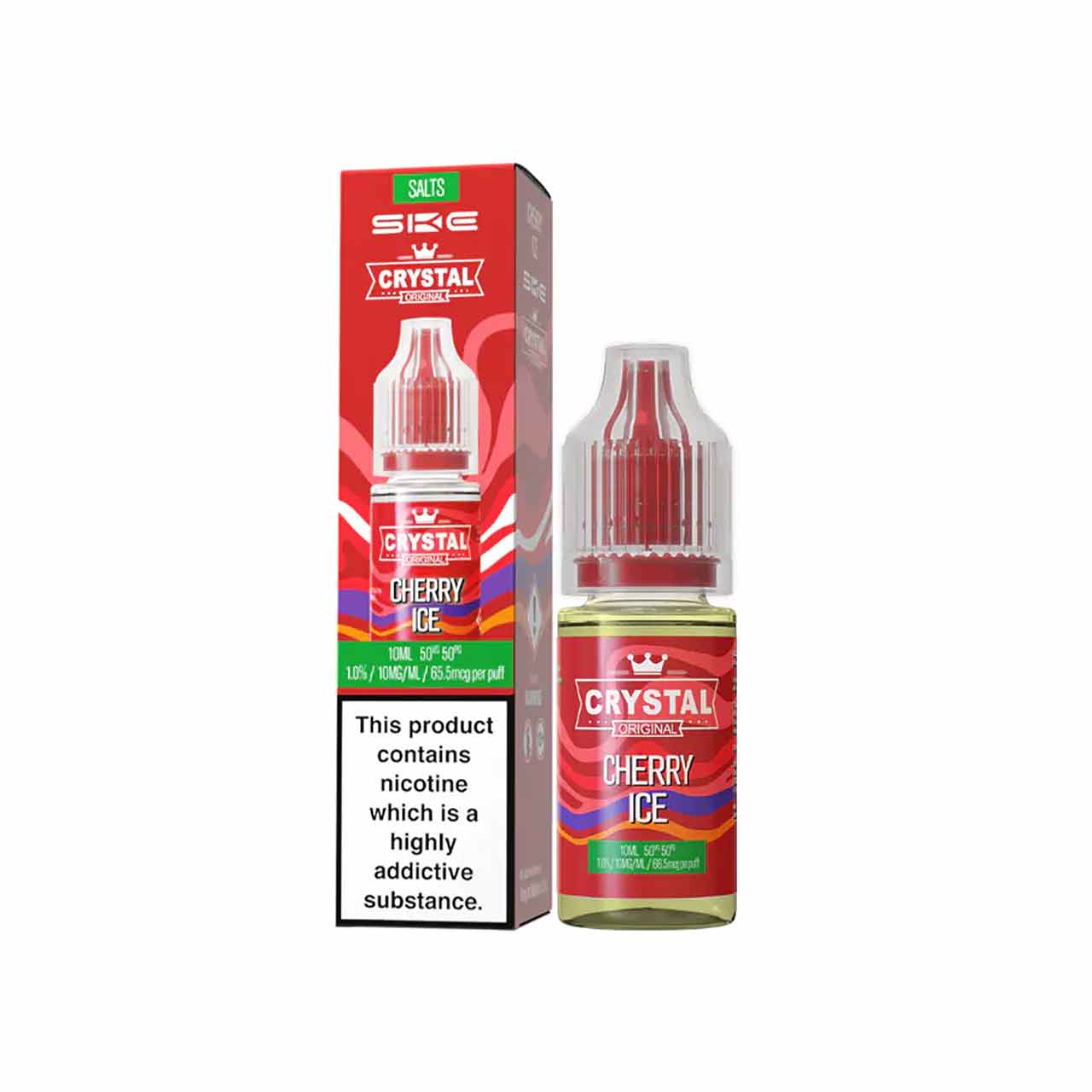 
                  
                    Ske Crystal Salts Cherry Ice vape juice bottle and packaging on a white background
                  
                