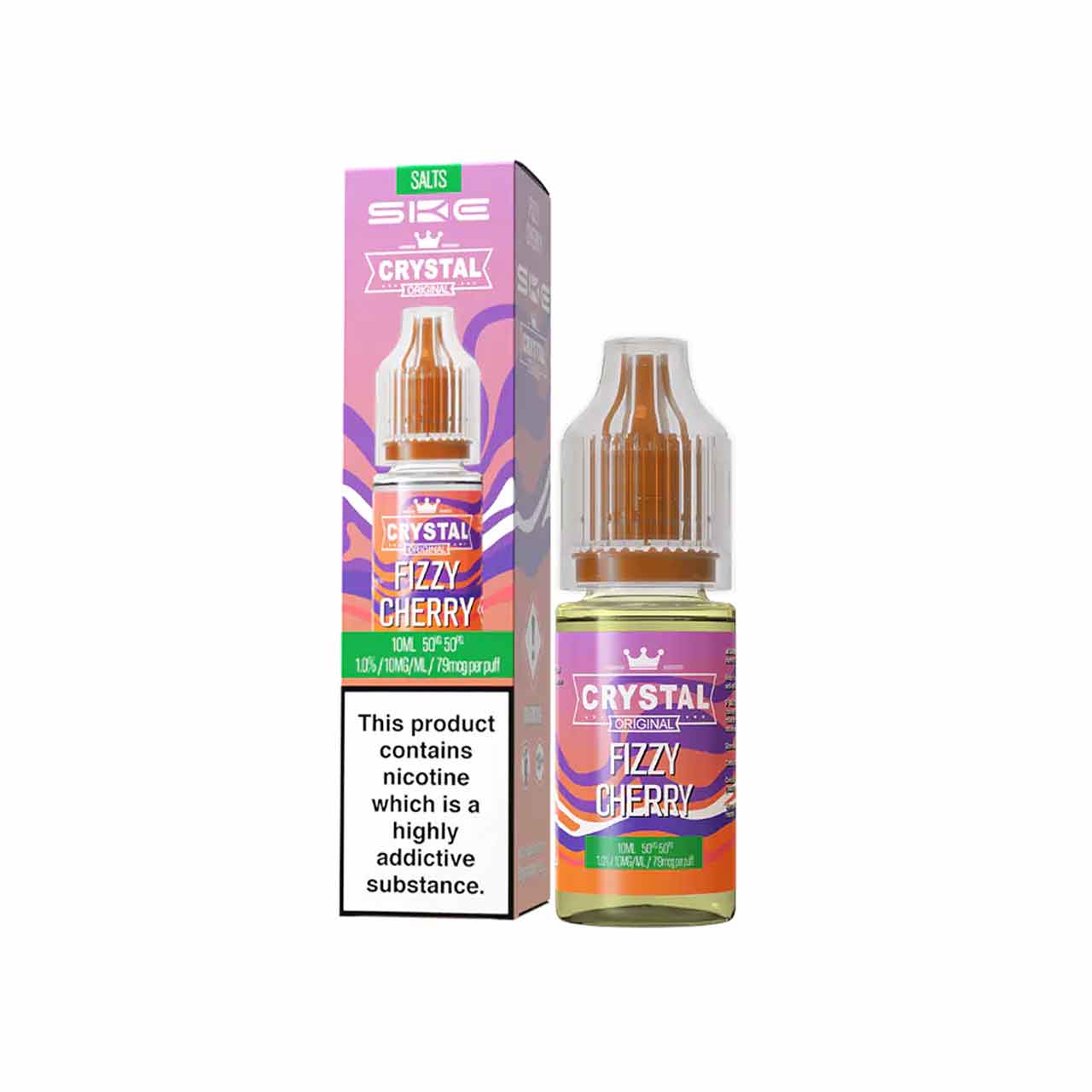 
                  
                    Ske Crystal Salts Fizzy Cherry vape juice bottle and packaging on a white background
                  
                