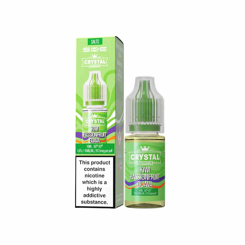 
                  
                    Ske Crystal Salts Kiwi Passionfruit Guava vape juice bottle and packaging on a white background
                  
                