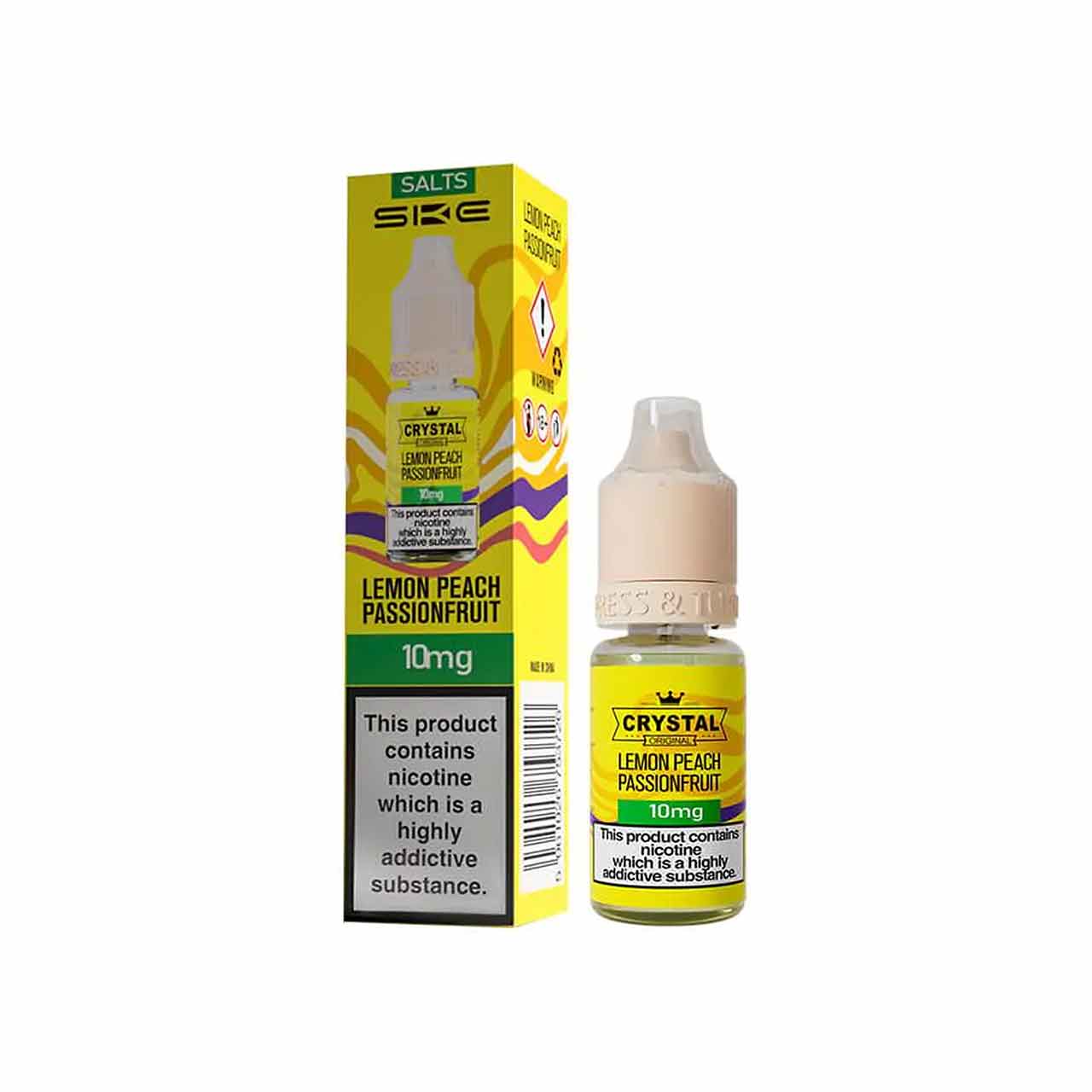 
                  
                    Ske Crystal Salts Lemon Peach Passionfruit vape juice bottle and packaging on a white background
                  
                