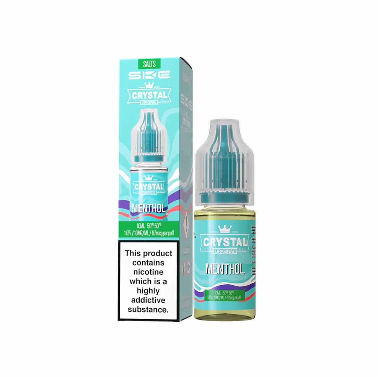 
                  
                    Ske Crystal Salts Menthol vape juice bottle and packaging on a white background
                  
                