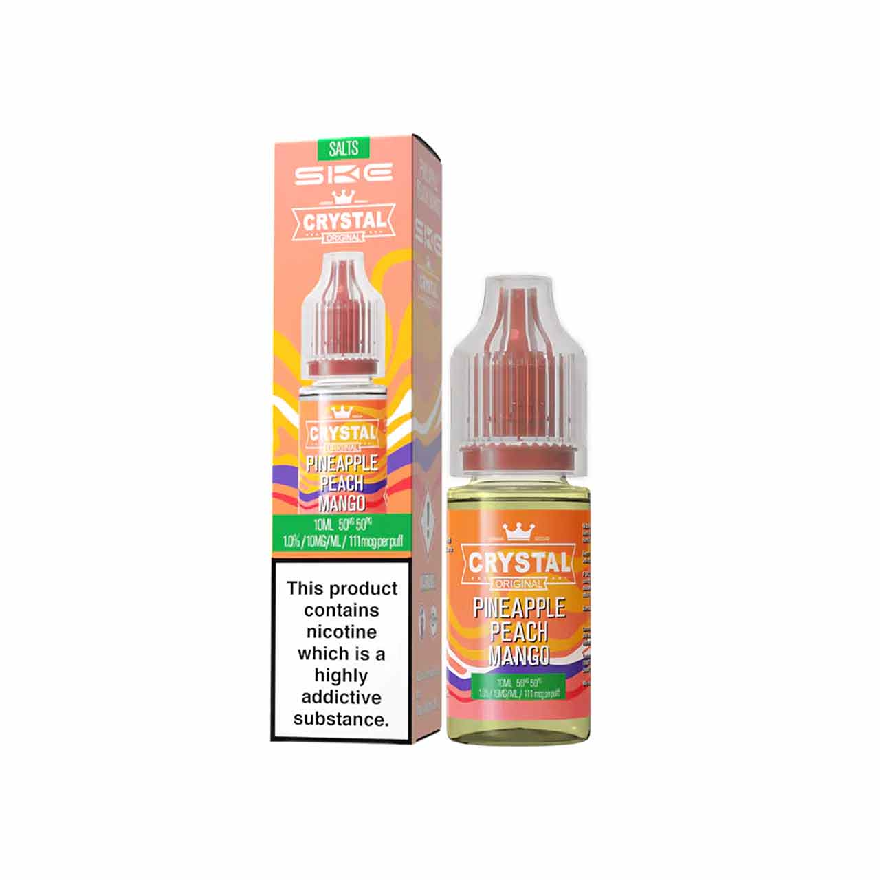 
                  
                    Ske Crystal Salts Pineapple Peach Mango vape juice bottle and packaging on a white background
                  
                