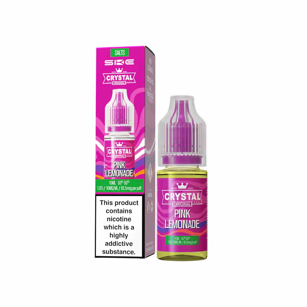
                  
                    Ske Crystal Salts Pink Lemonade vape juice bottle and packaging on a white background
                  
                