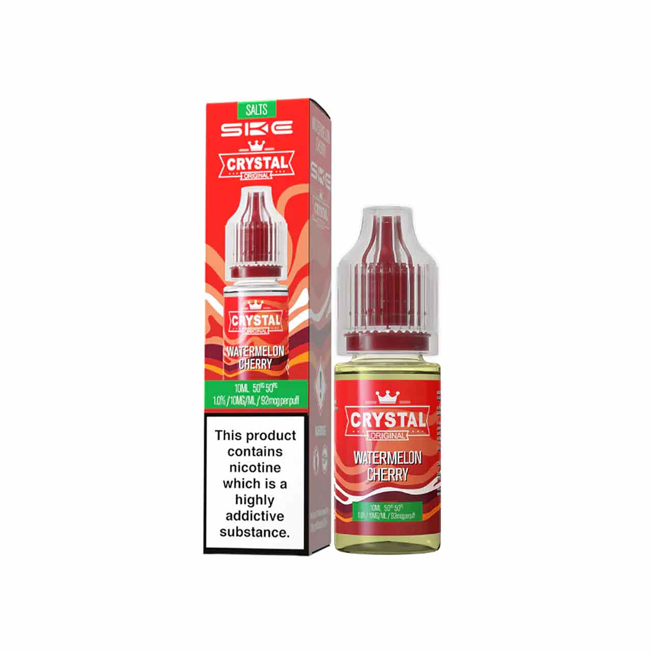 
                  
                    Ske Crystal Salts Watermelon Cherry vape juice bottle and packaging on a white background
                  
                
