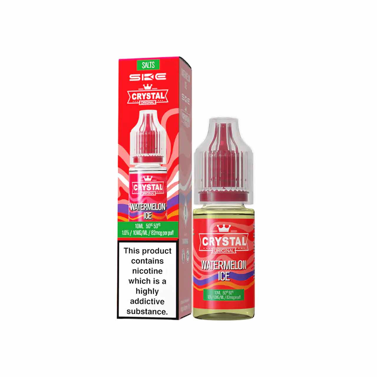
                  
                    Ske Crystal Salts Watermelon Ice vape juice bottle and packaging on a white background
                  
                