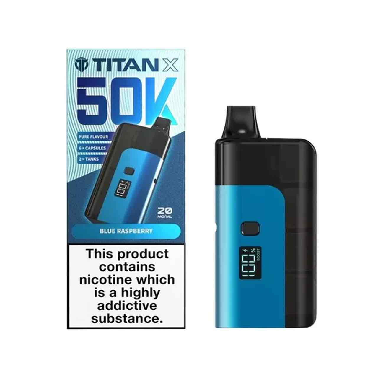 Titan X 50K Blue Raspberry prefilled pod vape kit 20mg nicotine – big puff vape device