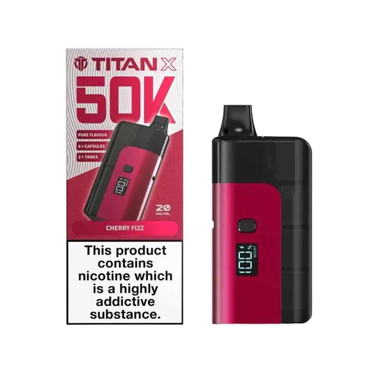 
                  
                    Titan X 50K Cherry Fizz prefilled pod vape kit 20mg nicotine – big puff vape device
                  
                