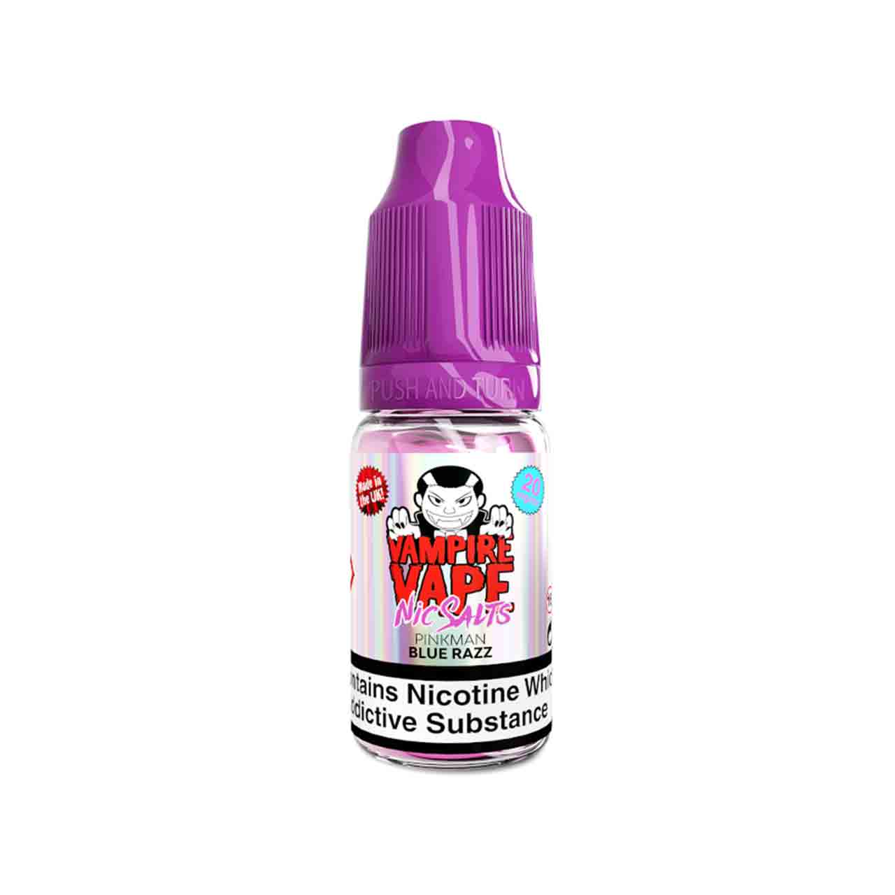 
                  
                    Vampire Vape nic salts pinkman blue razz bottle white background
                  
                