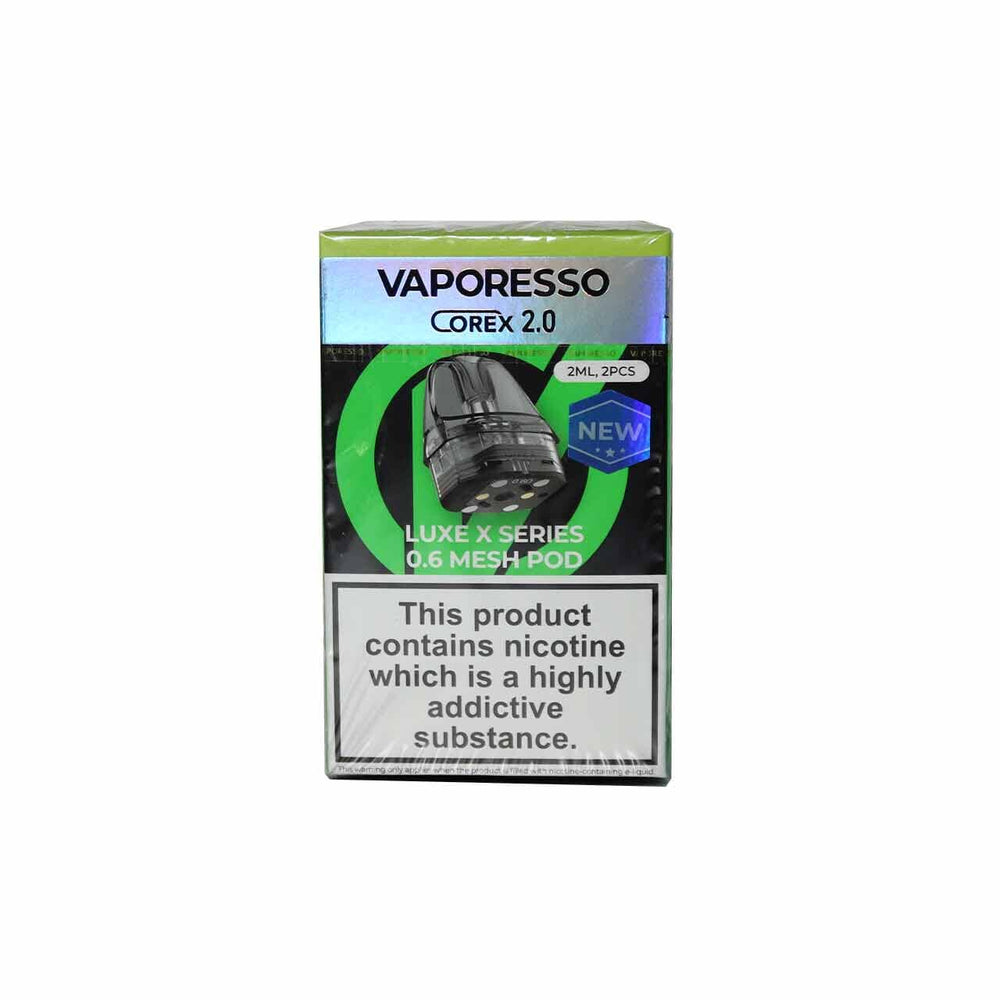 
                  
                    Vaporesso Corex 2.0 (0.6 Ohm) vape pods pack of 2 in packaging on a white background
                  
                