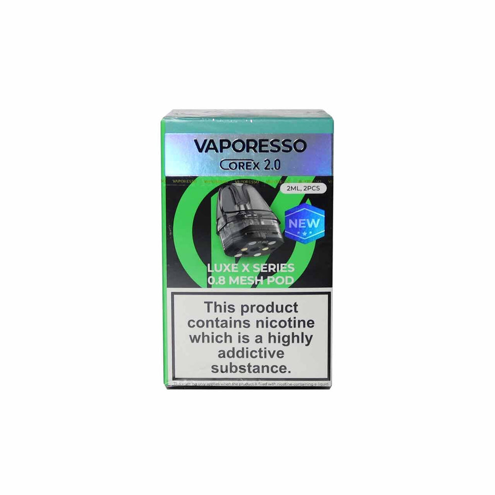 
                  
                    Vaporesso Corex 2.0 (0.8 Ohm) vape pods pack of 2 in packaging on a white background
                  
                