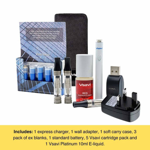 Vsavi Complete bundle with one pack of cartridges, soft carry case, Vsavi Platinum vape juice, express charger, ex blank tanks and adapter