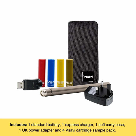 Vaping device kit with battery, charger, carry case, power adapter, and cartridges on a white background.