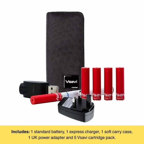 Vsavi Essential Starter Kit with 1 standard battery, express charger, soft carry case, power adapter and 5 cartridges on a white background