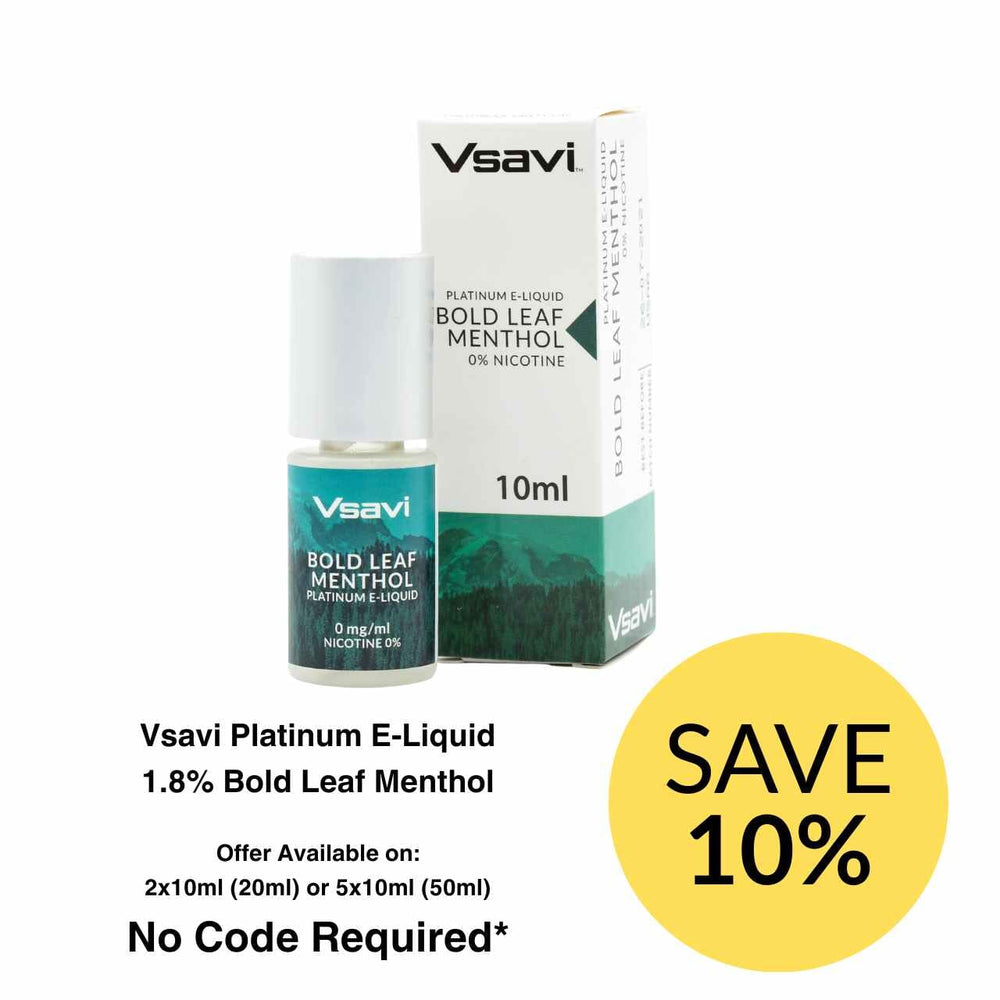 Vsavi Platinum E-Liquid Bold Leaf Menthol with packaging and promotional offer on a white background
