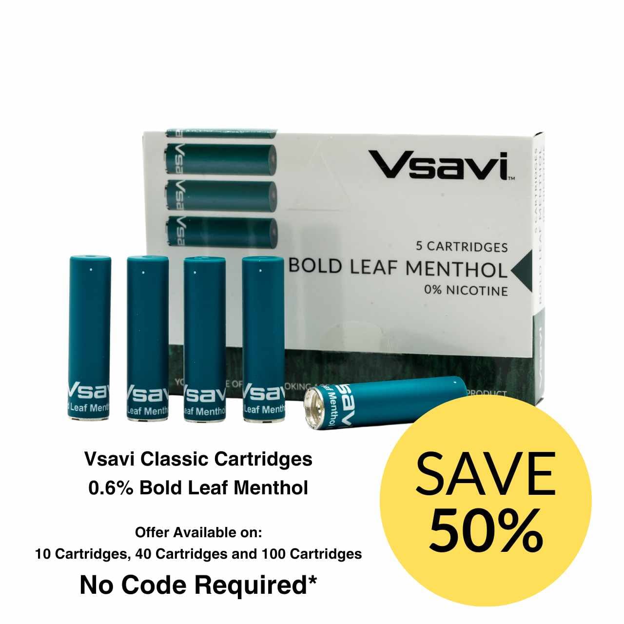 
                  
                    Vsavi bold leaf menthol cartridges with a discount offer on a white background
                  
                