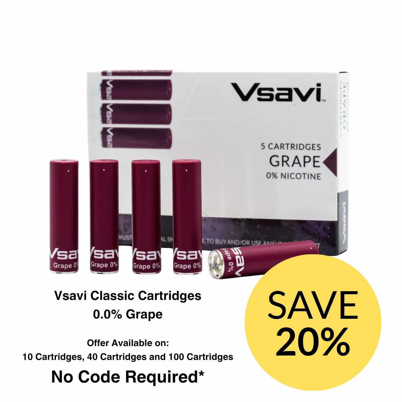 
                  
                    Vsavi grape-flavored e-liquid cartridges with packaging and promotional text on a white background
                  
                