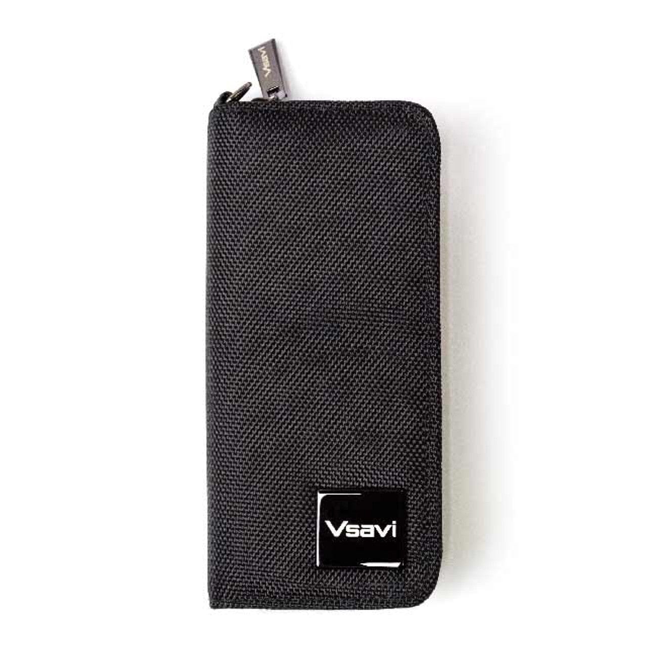 Black zippered pouch with Vsavi logo on a white background