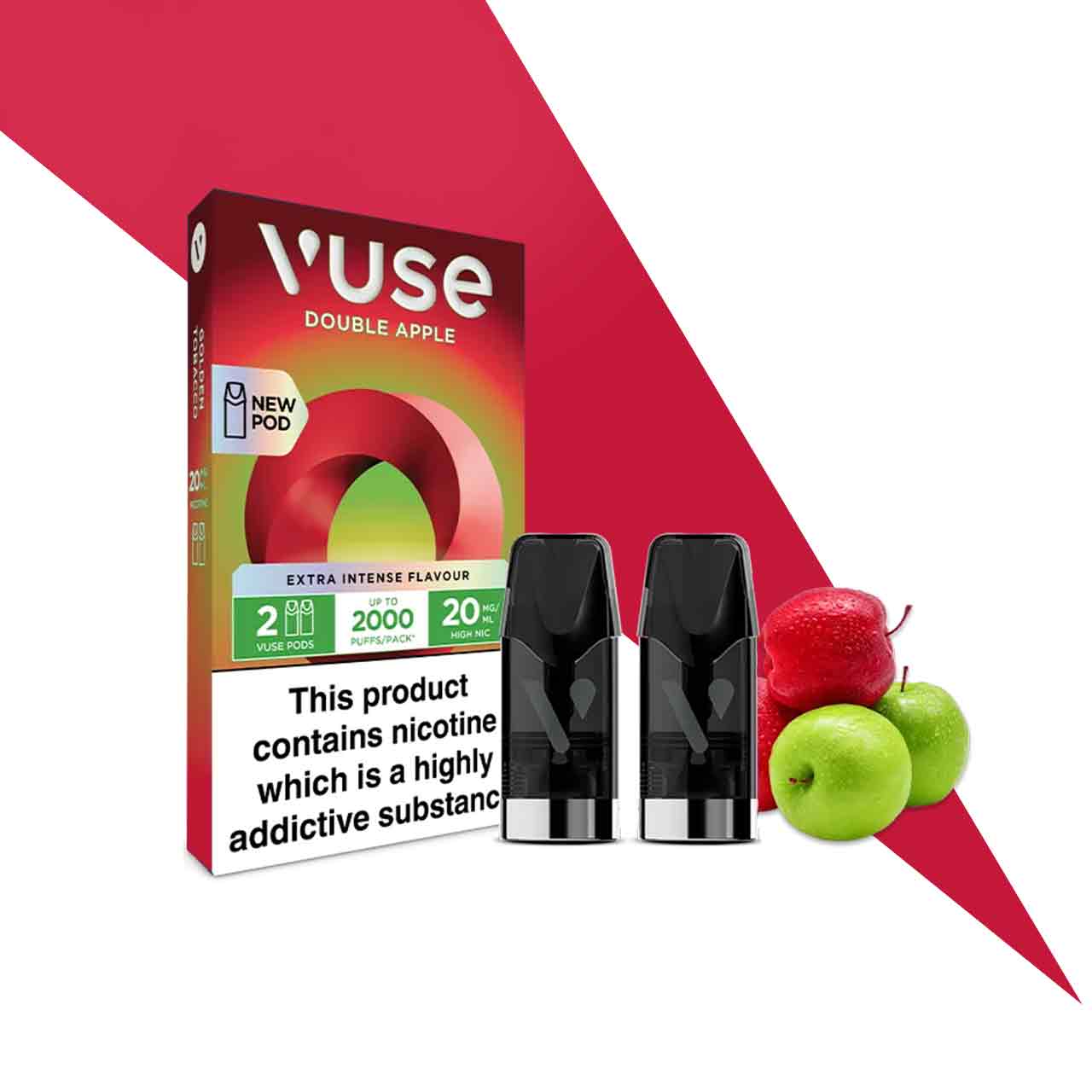 
                  
                    Vuse Extra Intense double apple pods and packaging decorative background
                  
                