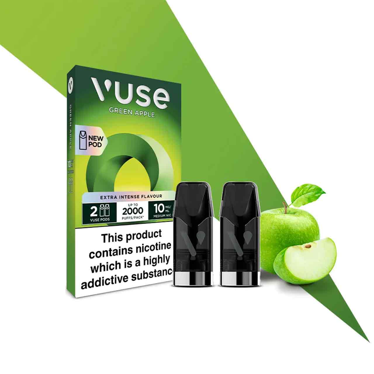 
                  
                    Vuse Extra Intense green apple pods and packaging decorative background
                  
                
