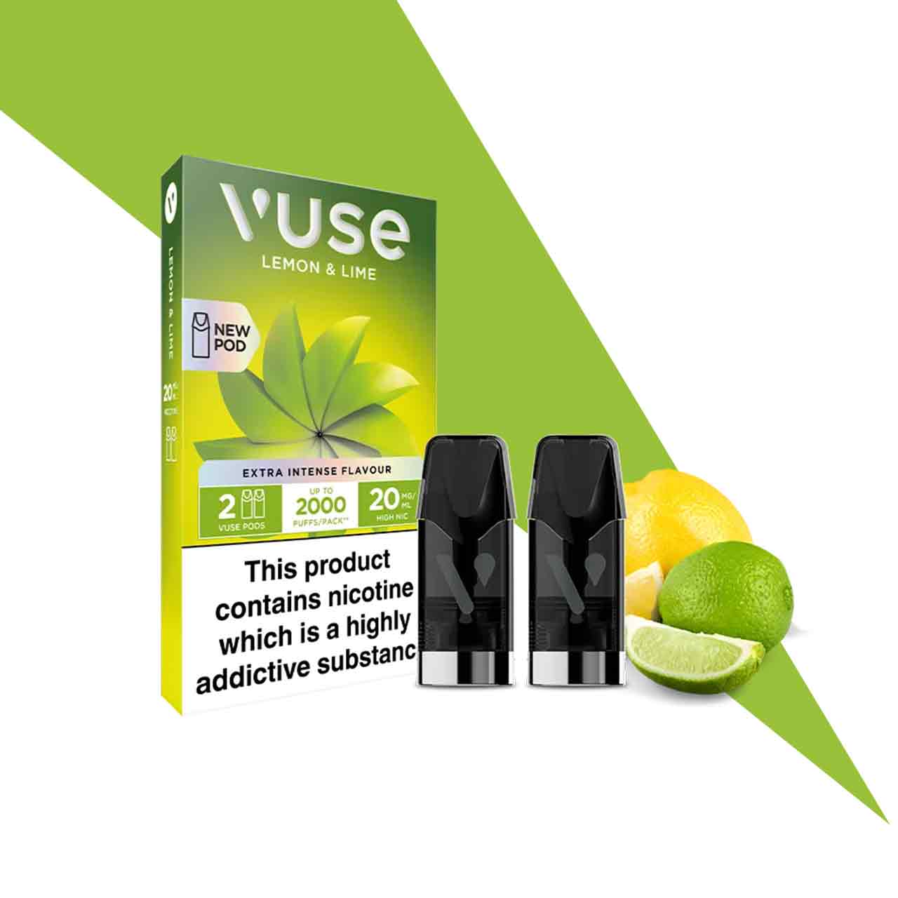 
                  
                    Vuse Extra Intense lemon and lime pods and packaging decorative background
                  
                
